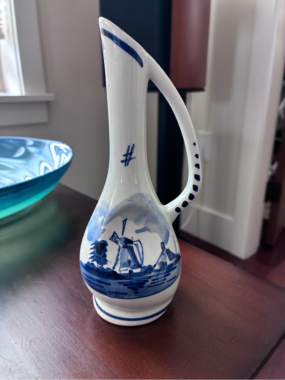 Hand-Painted Delft Blue and White Ceramic Pitcher - Decorative Home Art
